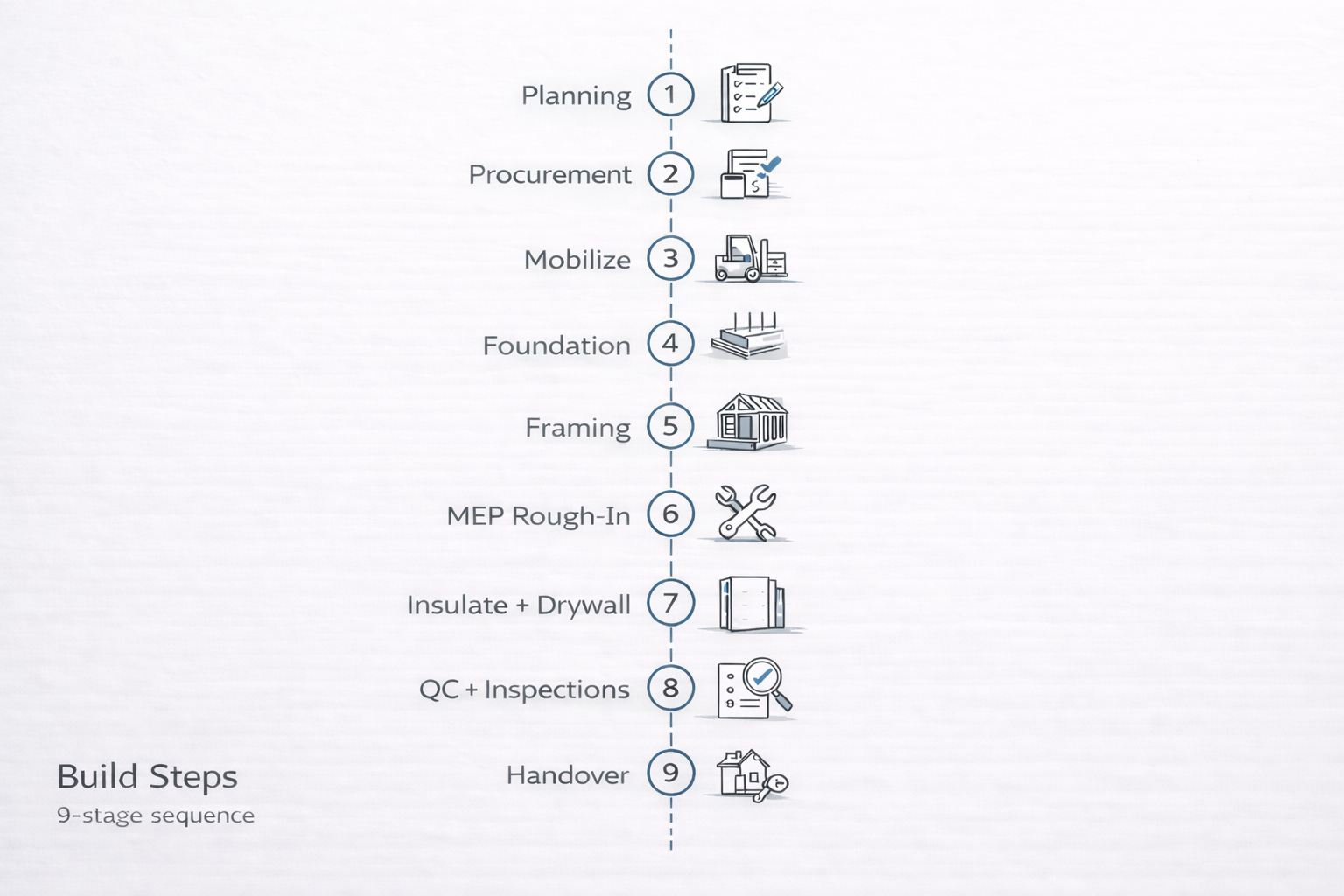 Nine-stage building construction process diagram showing planning, foundation, framing, MEP, and handover