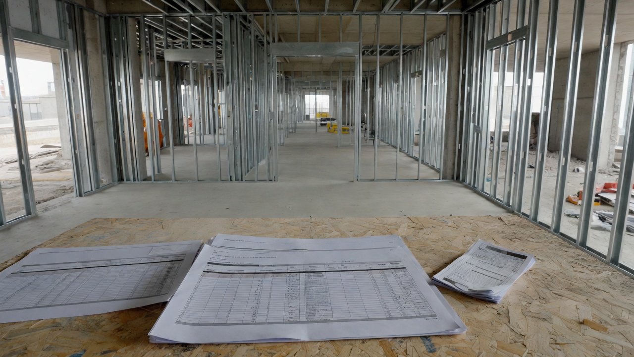 Construction planning sheets on a site table inside an unfinished building, illustrating cost planning and budget control.