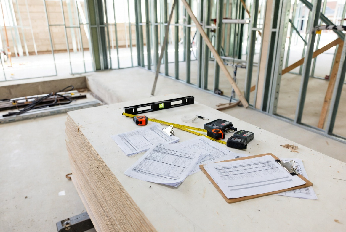 Construction inspection sheets and tools laid out on plywood during a site check showing field workflow.