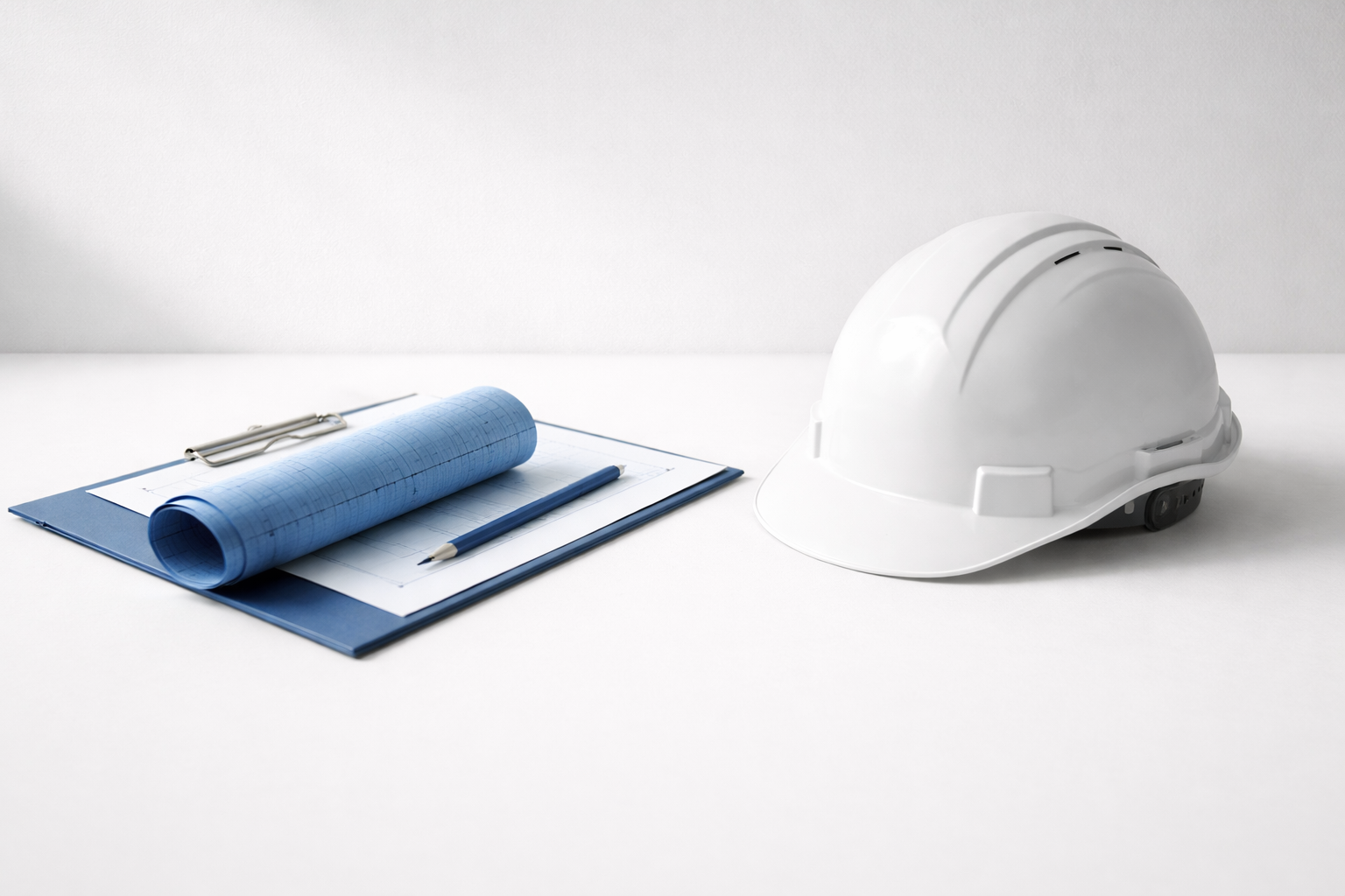 Construction manager concept header with hard hat, blue plan roll, clipboard, and pencil on clean surface.