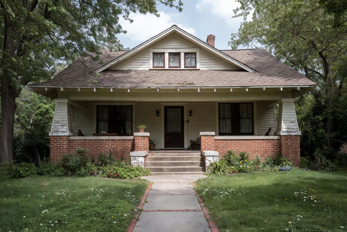 Craftsman bungalow with a deep front porch, brick piers, and wide overhanging eaves.