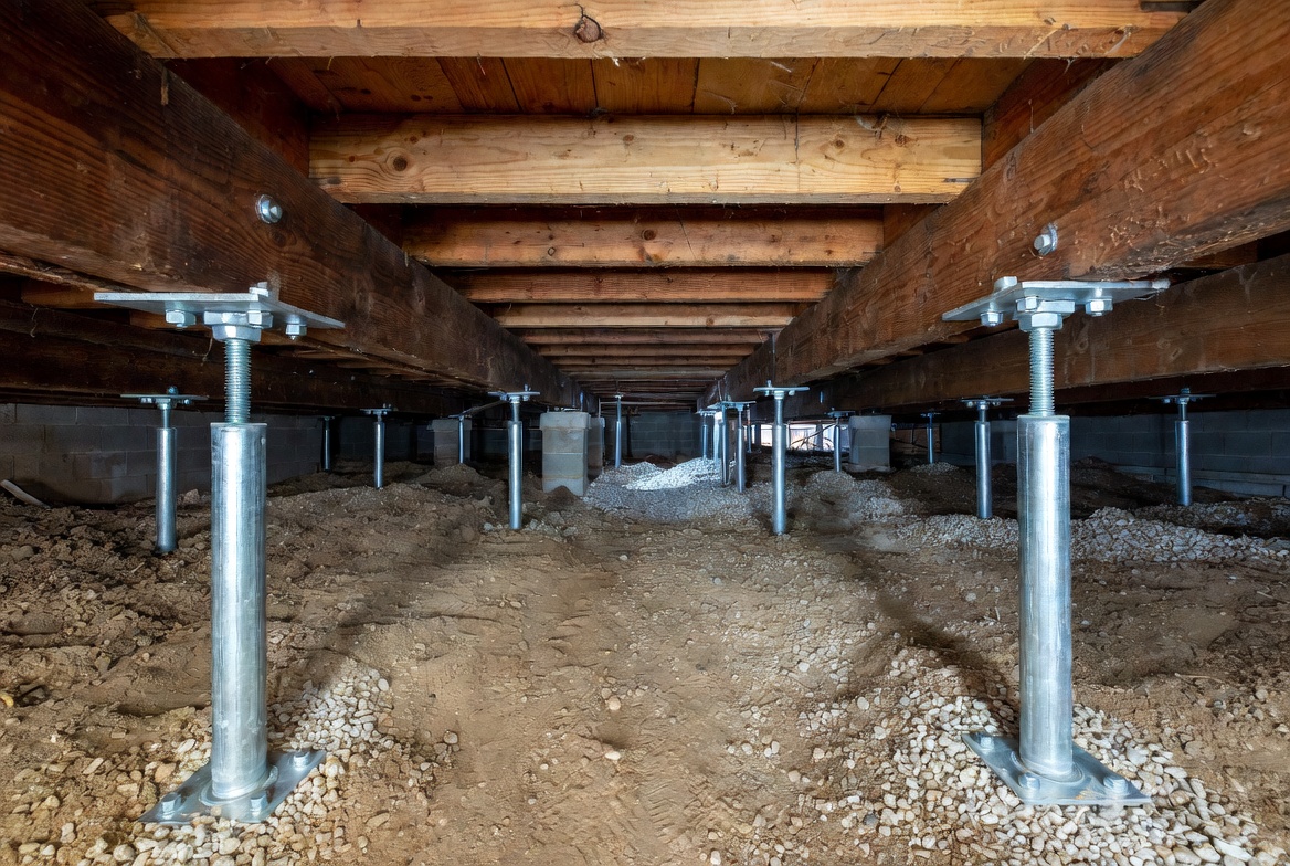 Adjustable steel support posts installed beneath floor framing inside a crawl space.