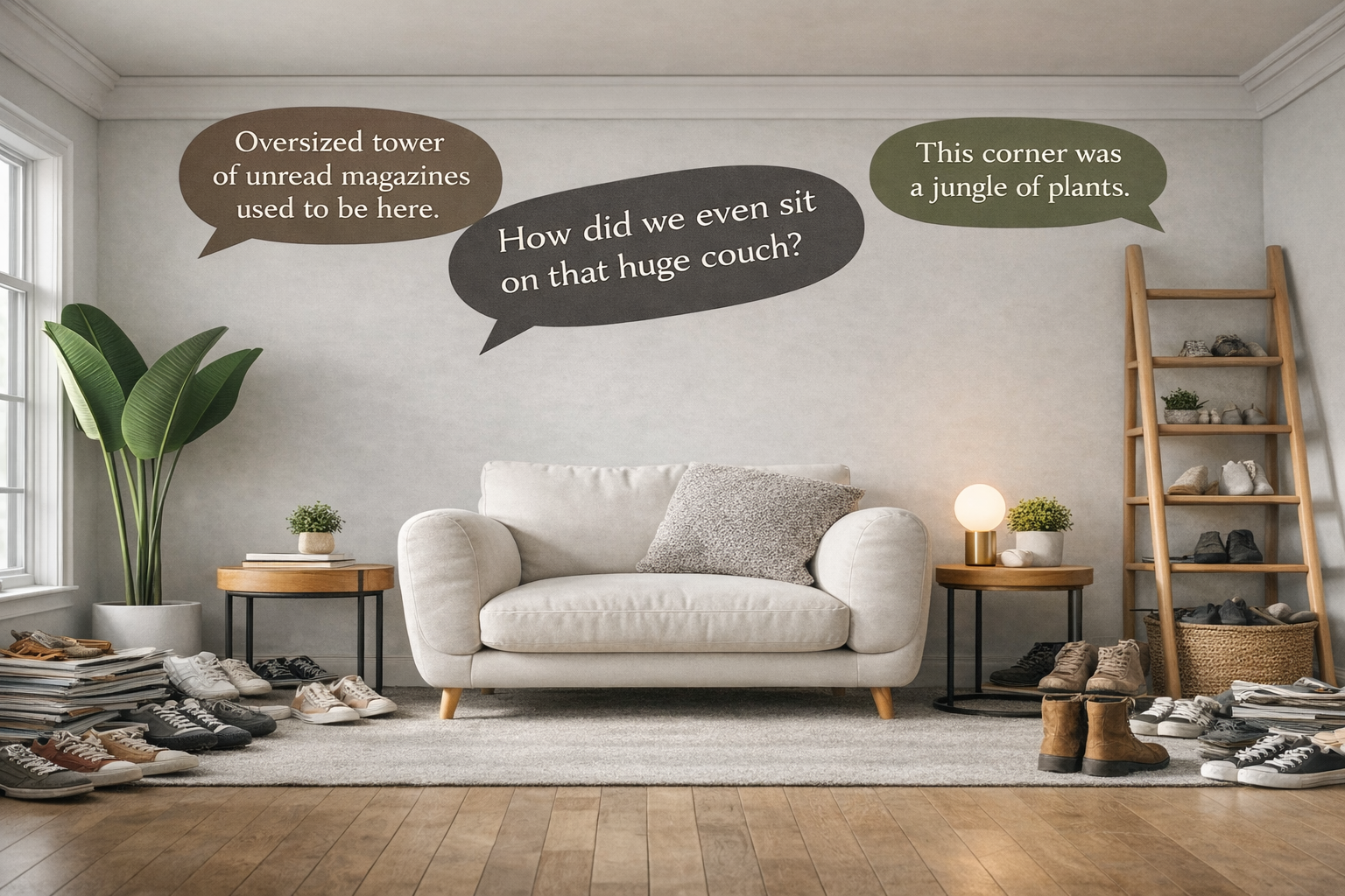 Minimalist living room with small sofa and subtle memory callouts showing previous clutter areas.