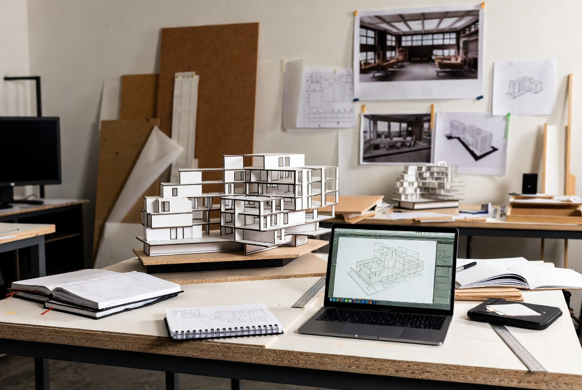Architecture studio model-making workspace for university design education and project review.