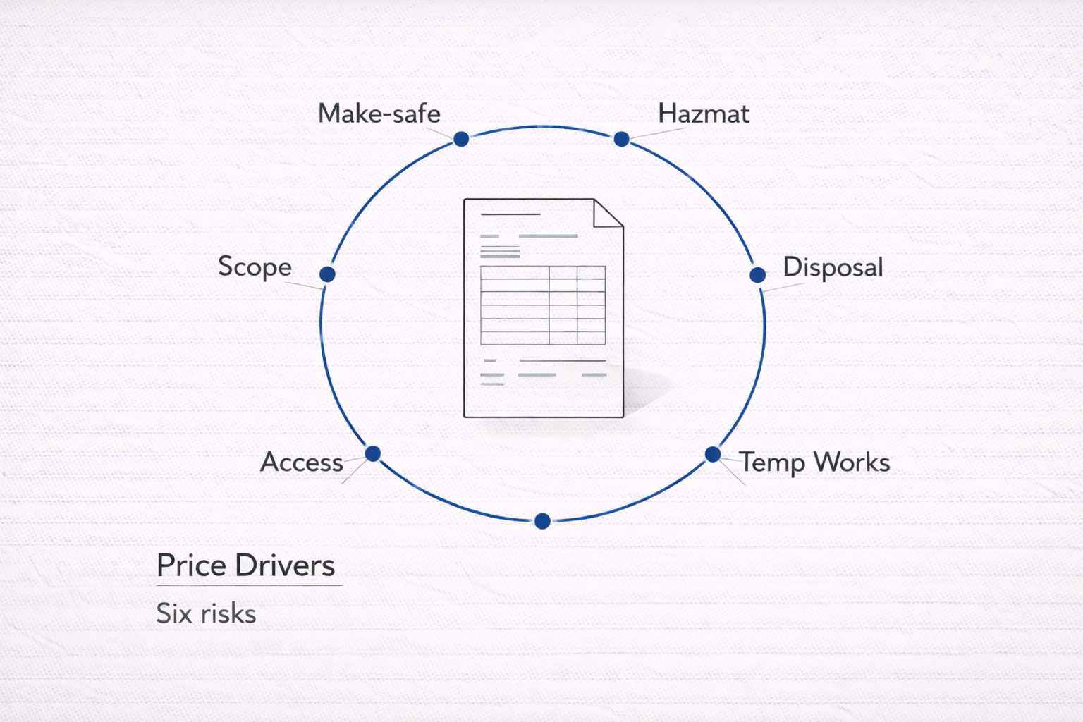 Demo price drivers diagram showing six risks: make-safe, hazmat, scope, access, disposal, temp works.