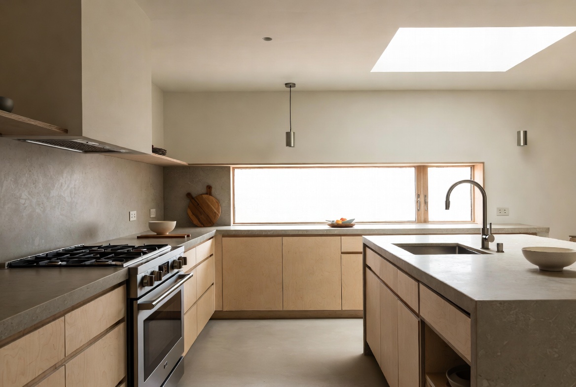 Modern kitchen remodel with simple cabinetry, restrained finishes, and daylight from a skylight and horizontal window.