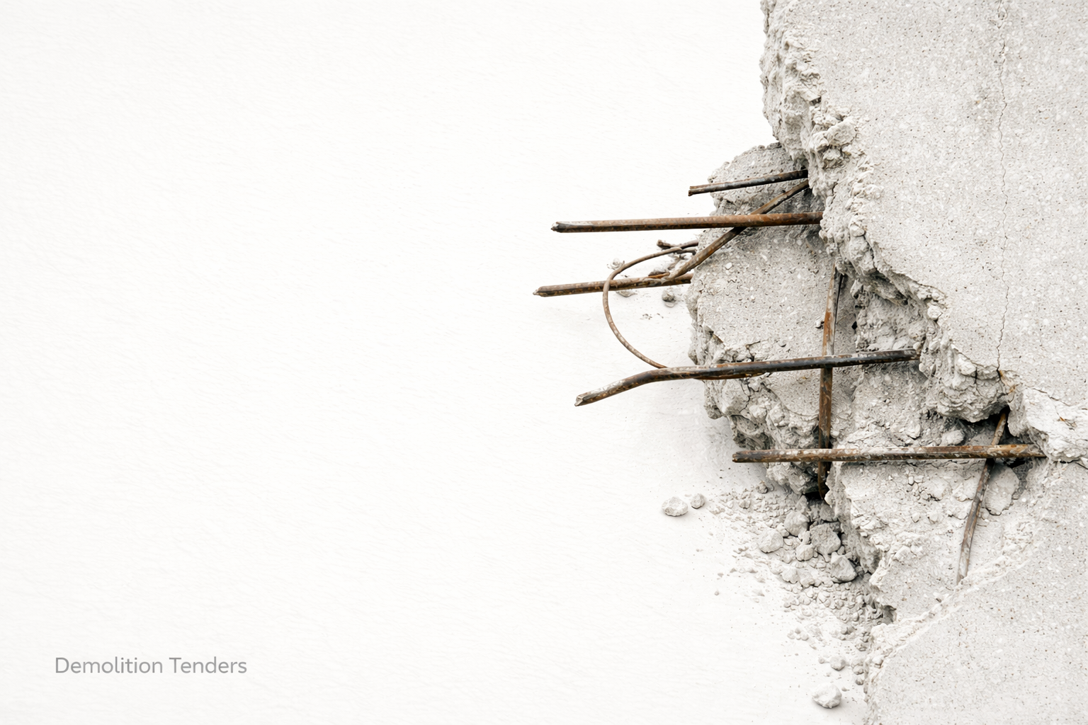 Sledgehammer demolition tool on concrete rubble with broken aggregate and exposed rebar.