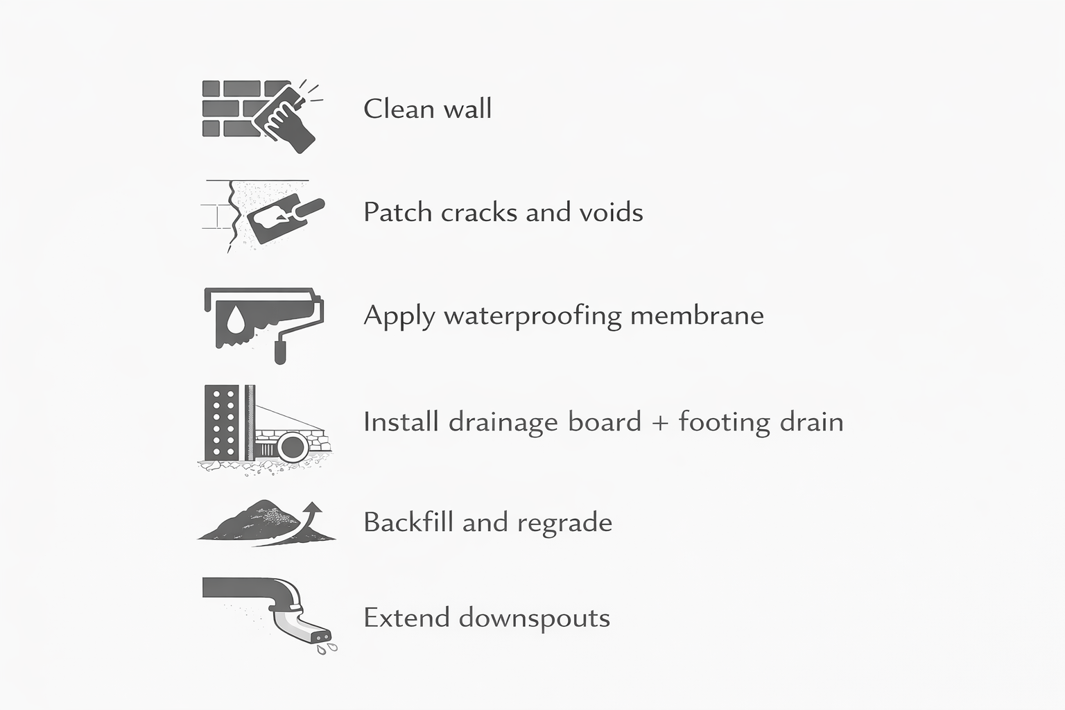 Visual checklist showing essential steps for exterior foundation waterproofing