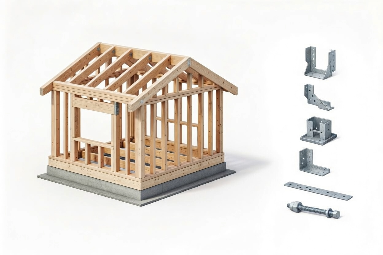 Residential wood framing components and framing hardware, including studs, rafters, joists, and connectors.