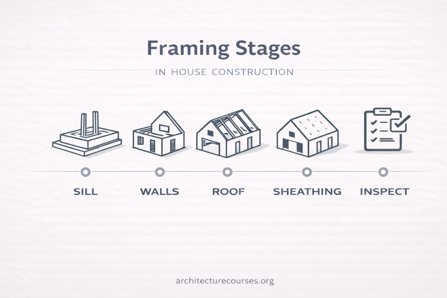House framing stages infographic showing sill, walls, roof, sheathing, and inspection.