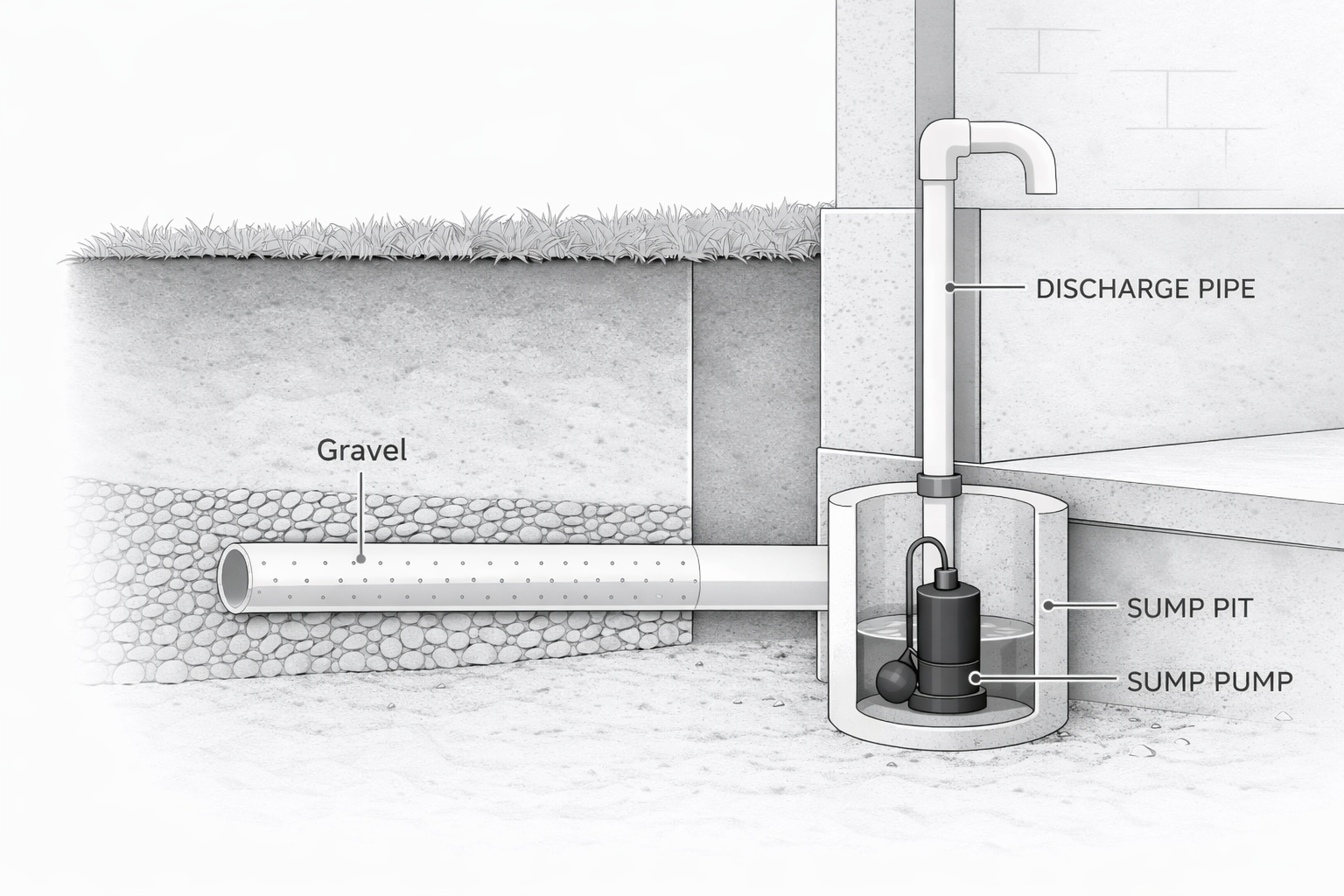 French drain connected to a sump pump pit showing gravel bed, perforated drain pipe, and discharge pipe.