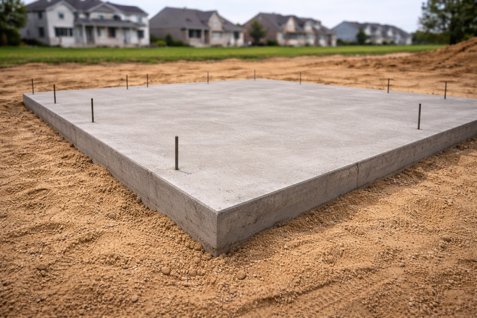 Freshly poured concrete slab foundation with anchor bolts set in sandy building lot, houses in background.