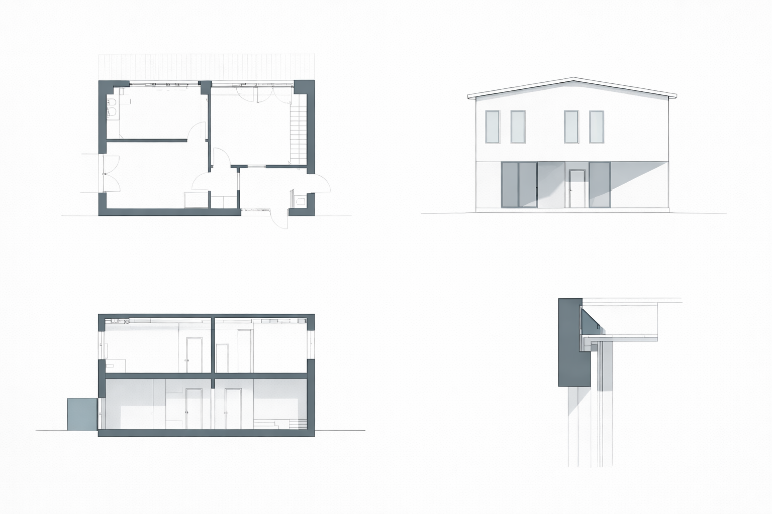 Architectural floor plan, elevation, section, and wall detail shown together as one drawing set.