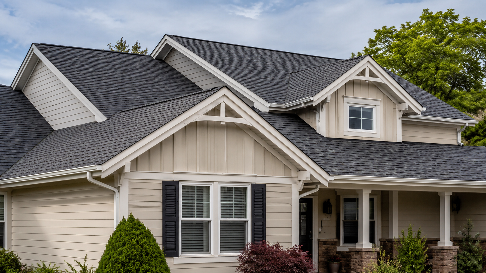 House with multiple gable roof lines showing front gables, ridge lines, sloped roof planes, eaves, gutters, and asphalt shingles.