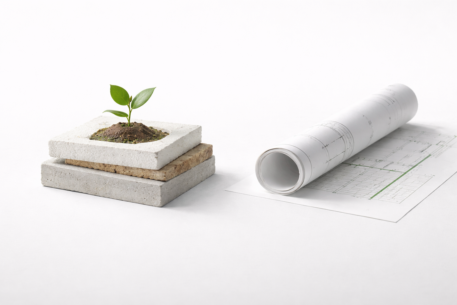 Sustainable building examples with eco materials stack.