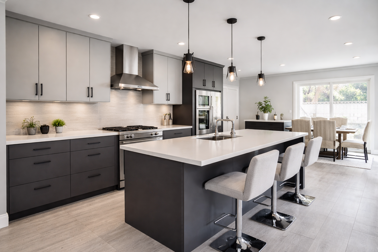Modern grey modular kitchen with two-tone cabinetry, a large island, and matte black hardware.