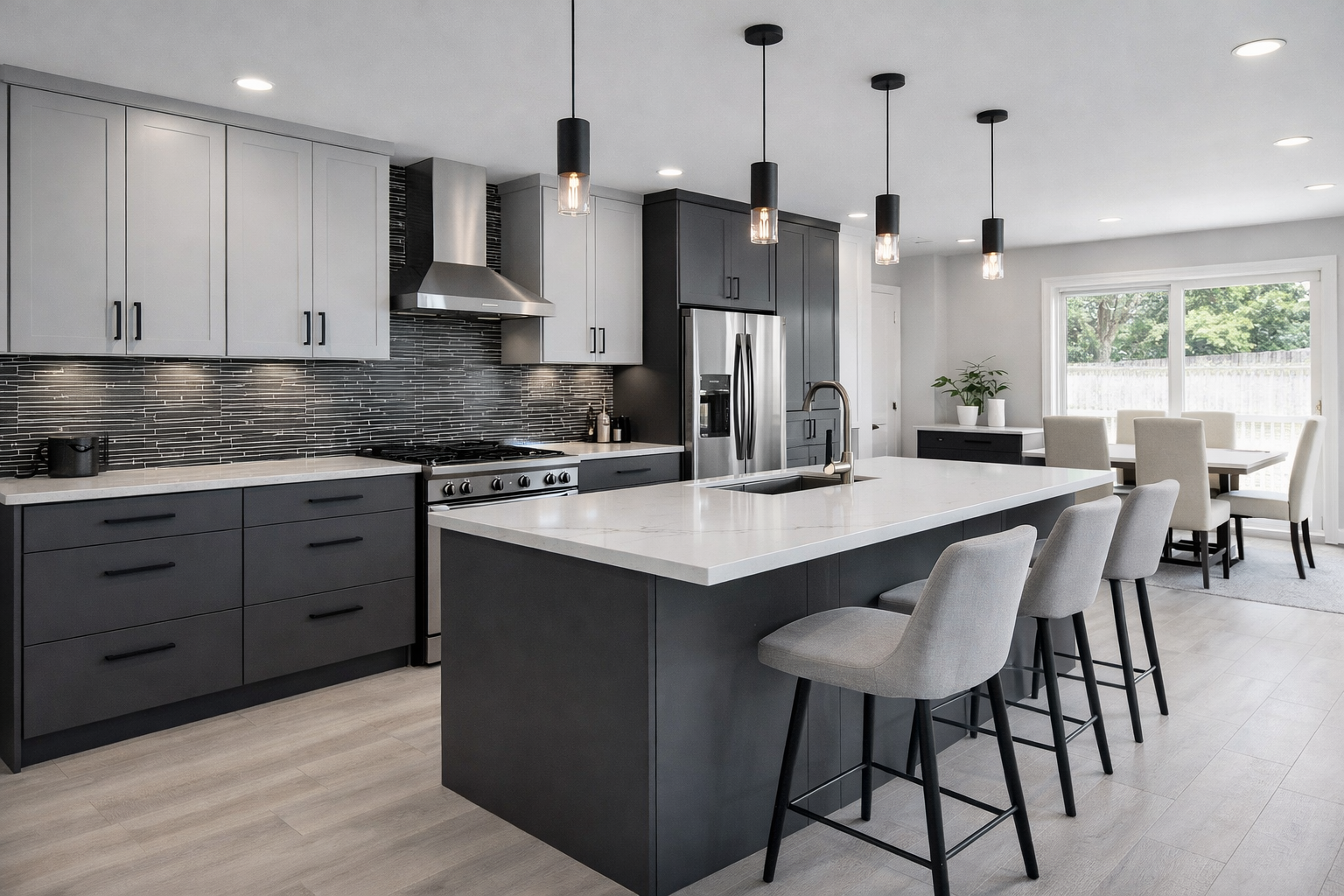 Grey modular kitchen colour combination with light upper cabinets, darker bases, and a white quartz island top