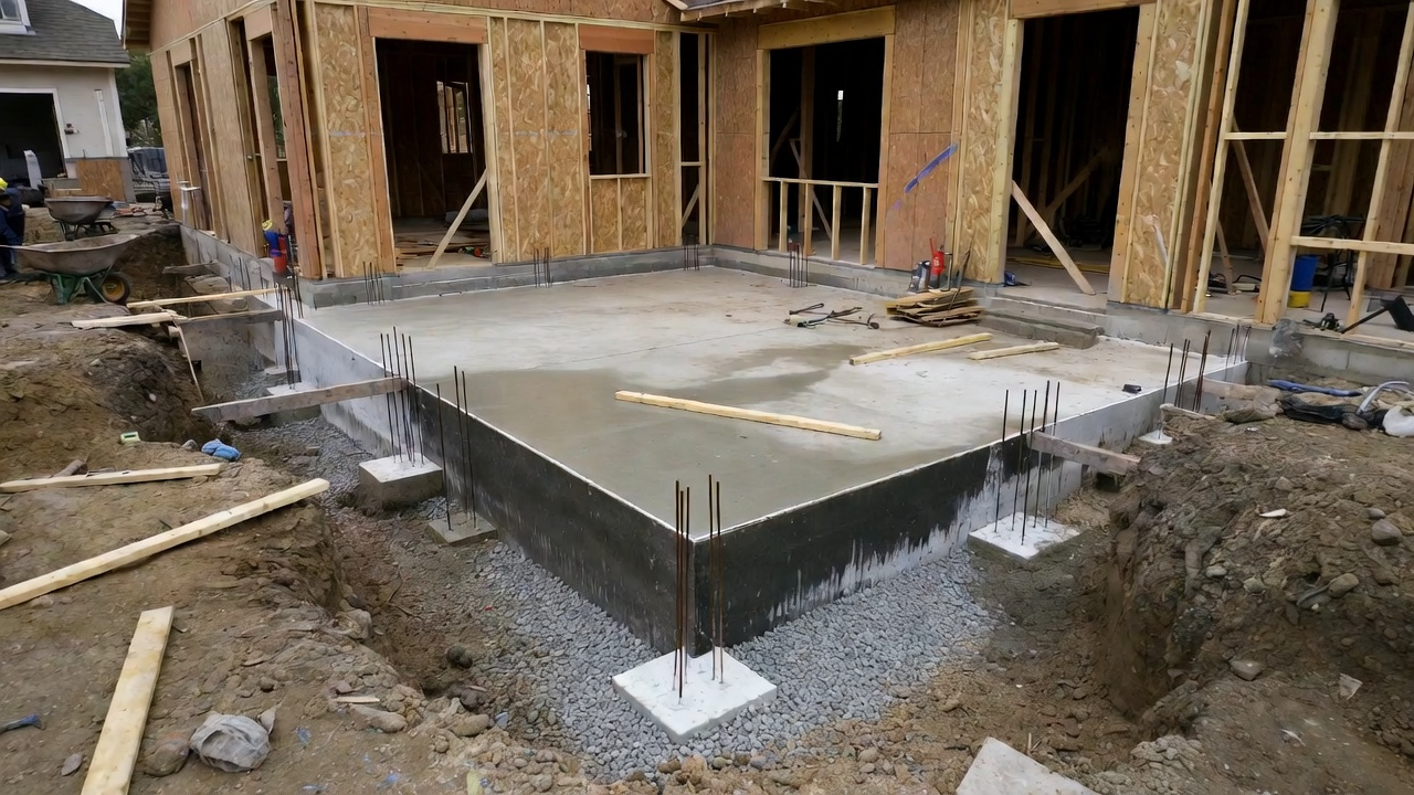 Half-built house showing slab foundation, exposed edges, gravel base, and framing on a real jobsite.