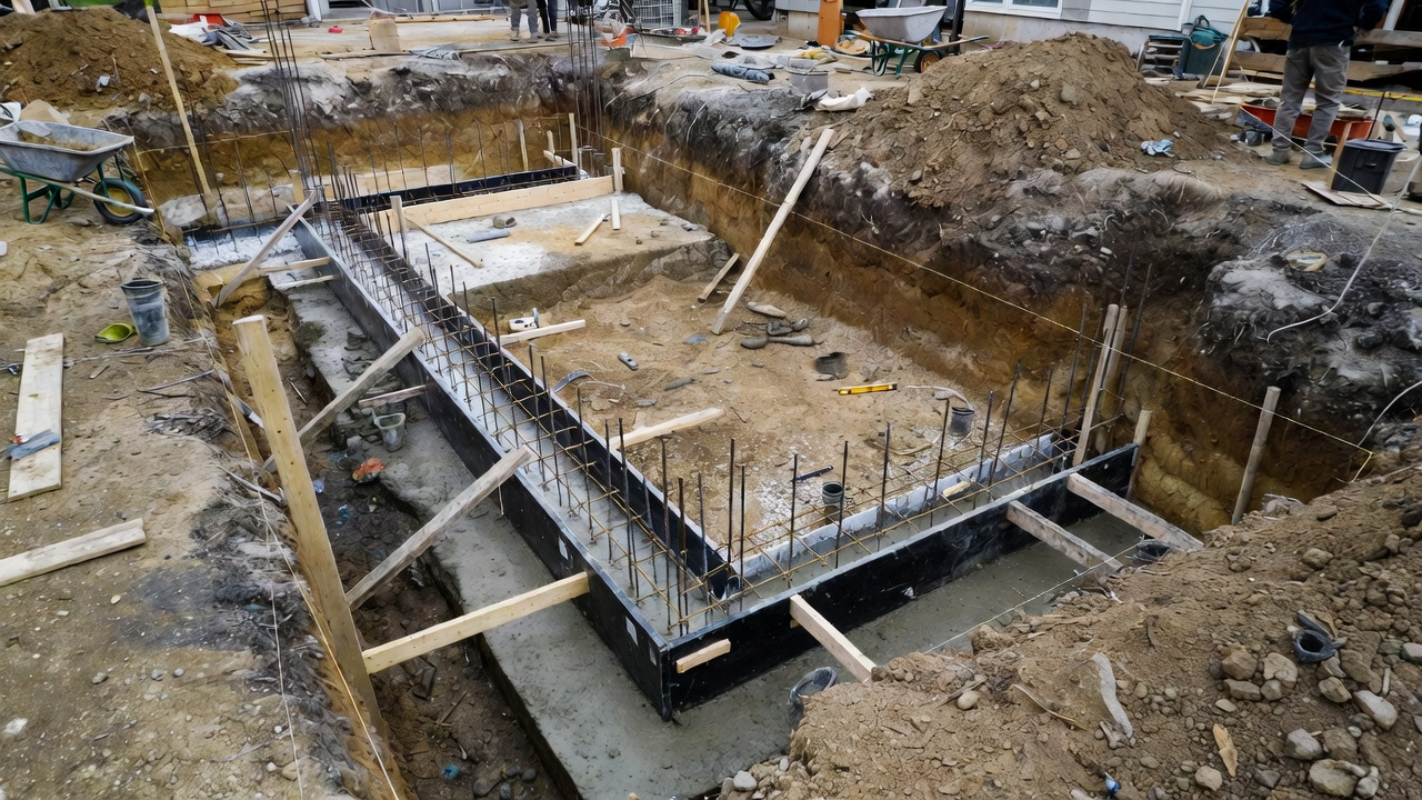DIY house foundation with slab pour, gravel base, formwork, and rebar on a real jobsite.