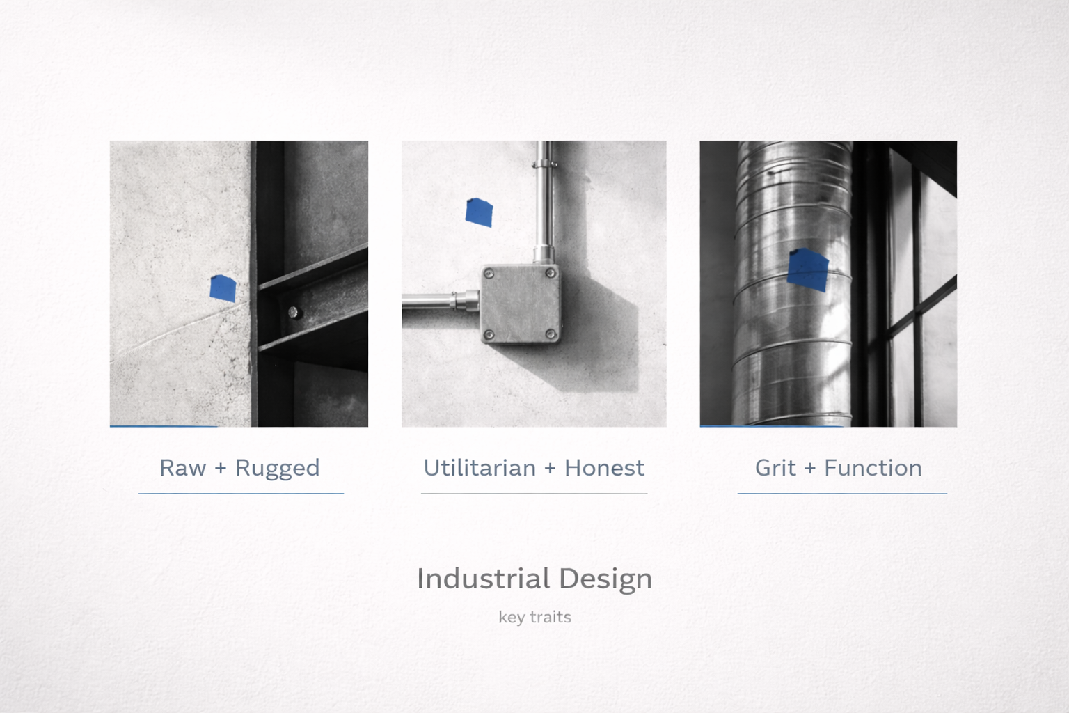 Three-panel infographic showing industrial style traits: concrete/steel, exposed conduit box, and ductwork.