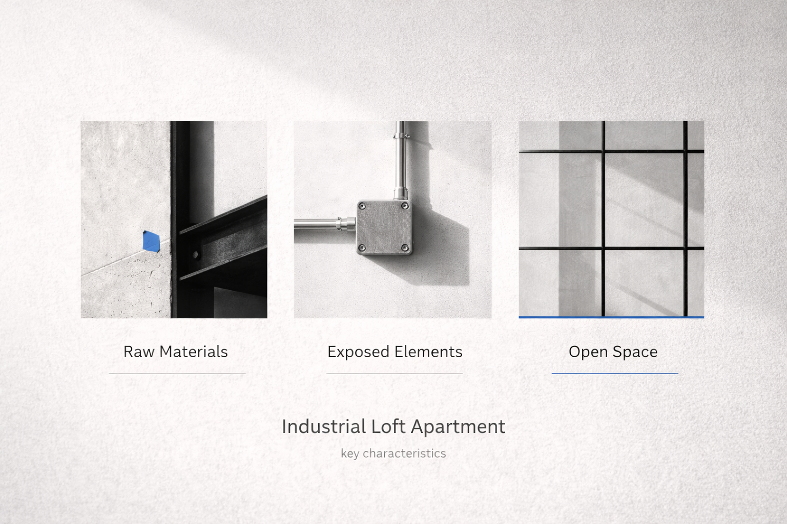 Three-panel infographic showing industrial loft traits: raw materials, exposed elements, open space.