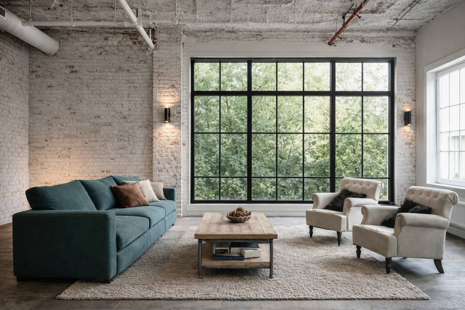 Industrial loft living room with comfortable teal sofa, rough white brick walls, and large black frame grid window.