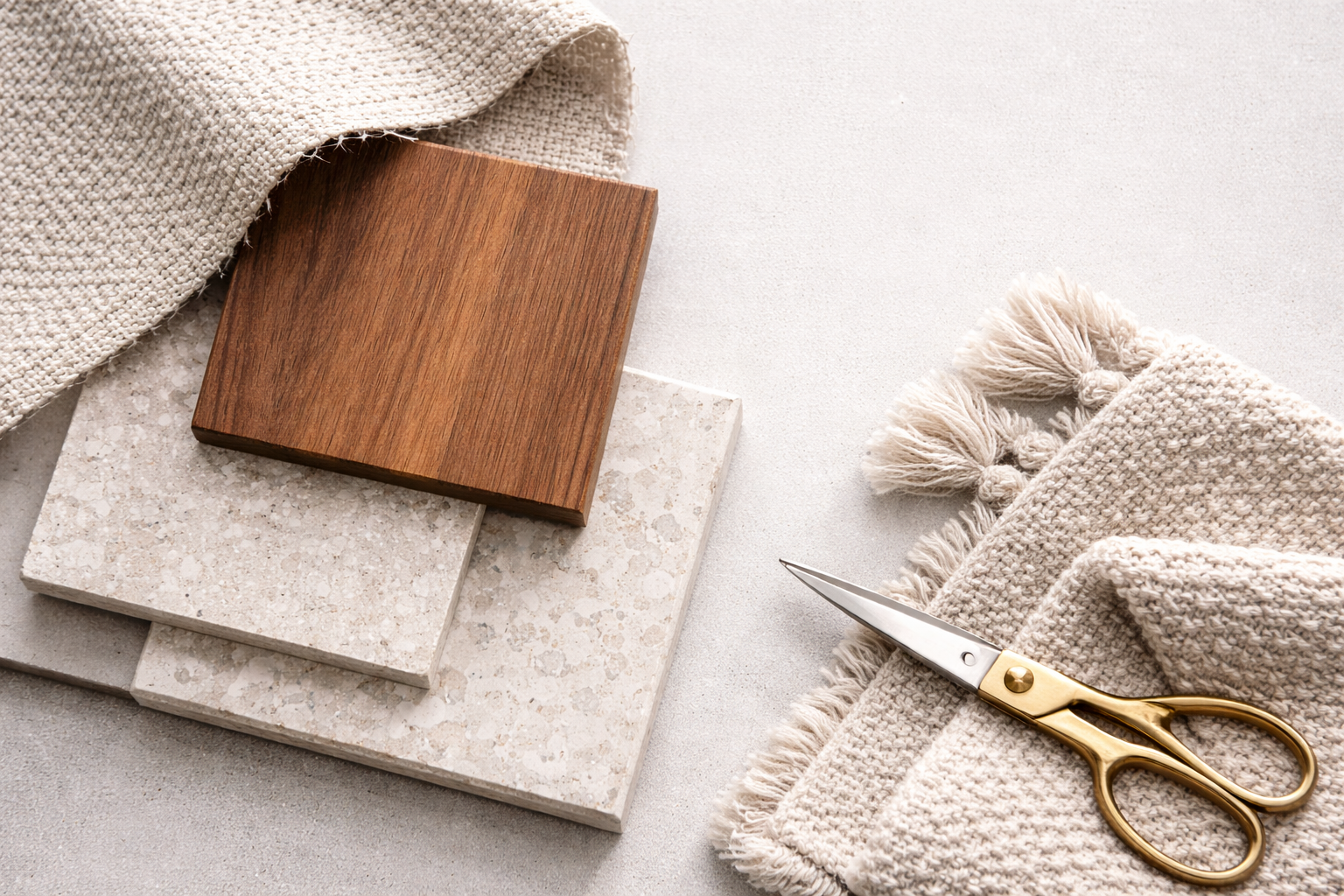 Materials and textiles in interior design with fabric swatches, wood sample, and stone tile.