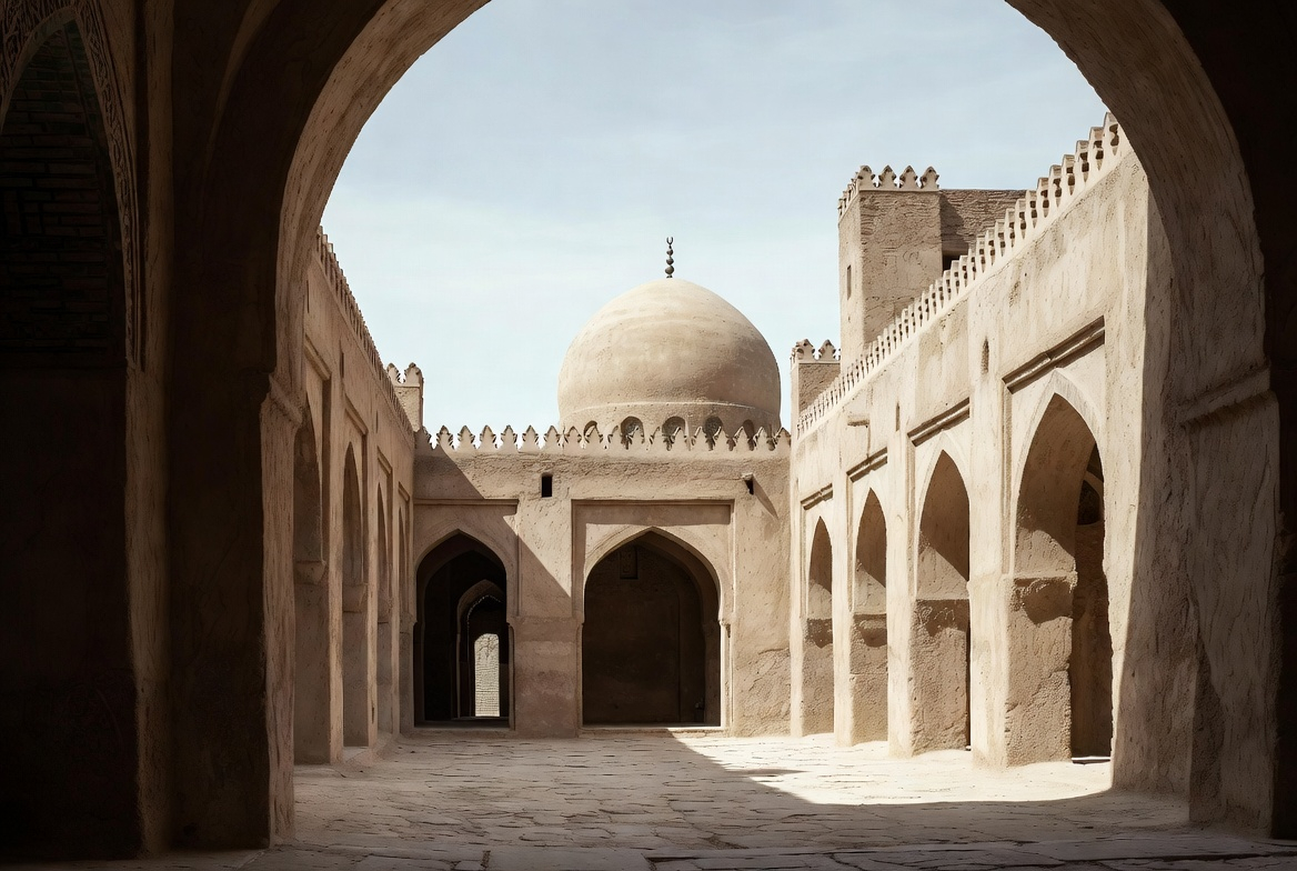 Islamic courtyard architecture with pointed arches and a central dome viewed through a stone arch.
