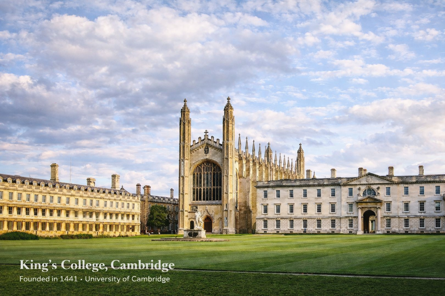 King’s College Cambridge main lawn with chapel and college buildings.