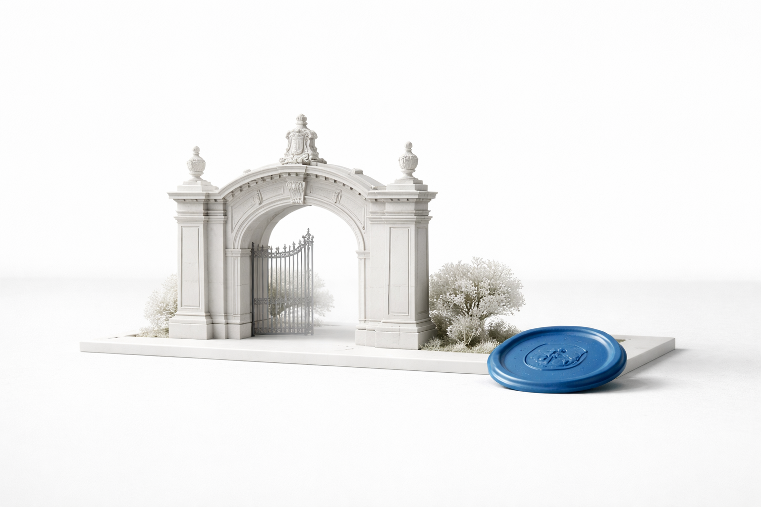 University college affiliation header image with monochrome gate model and cobalt seal detail.