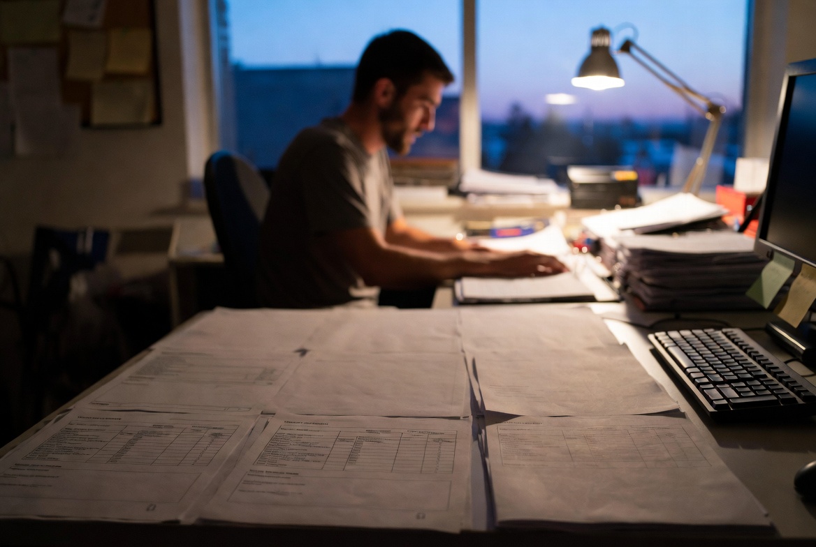 Fatigued preconstruction manager reviewing consultant markups and cost notes late at night in a real contractor office setting