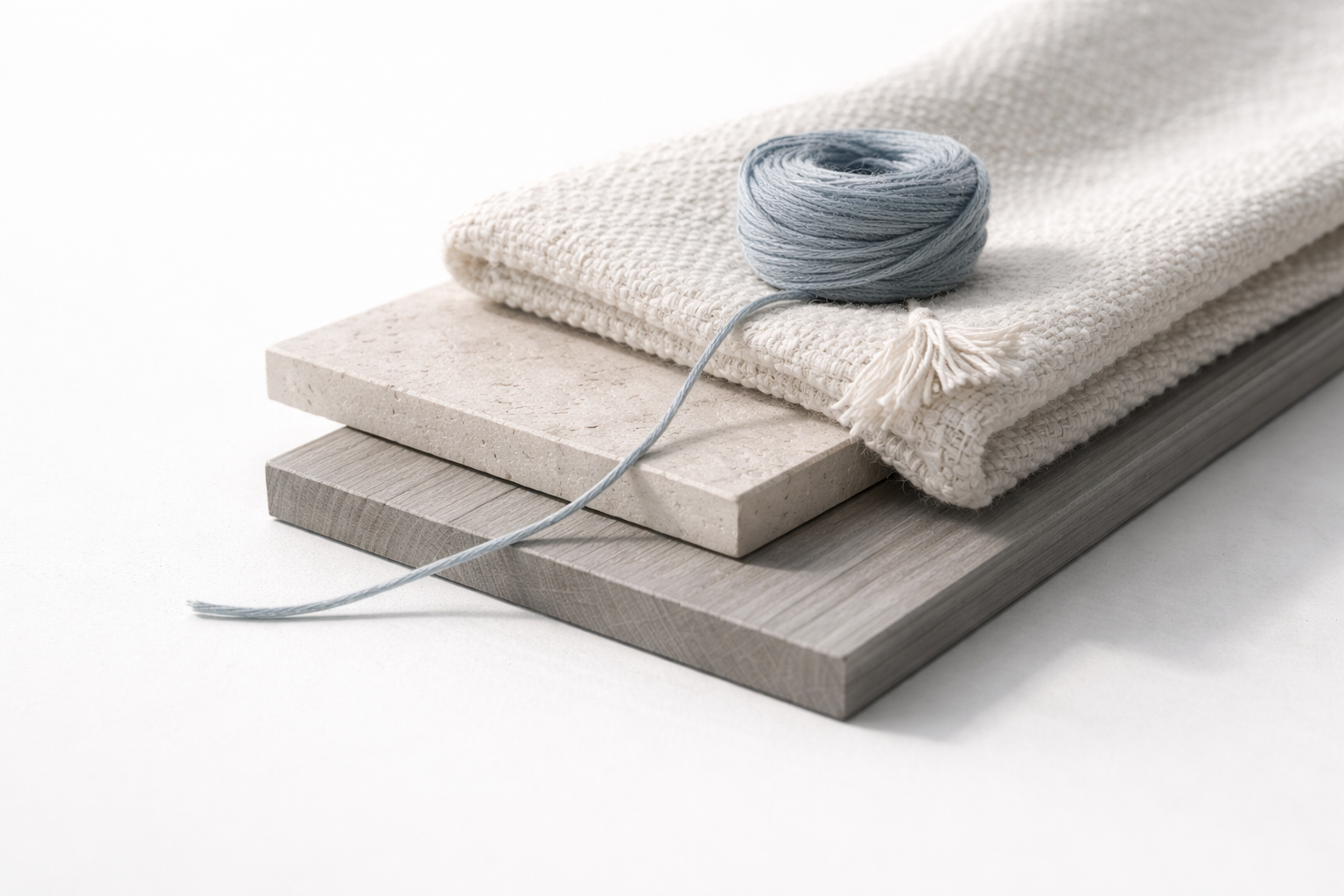 Textile and material swatches for interior design: woven fabric over stone and wood samples.