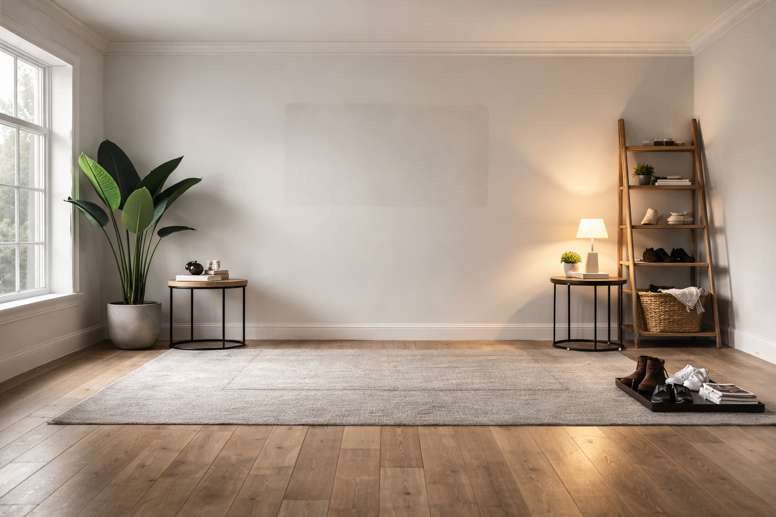 Neutral living room with ghost furniture outline on wall and small organized tray of leftover items.