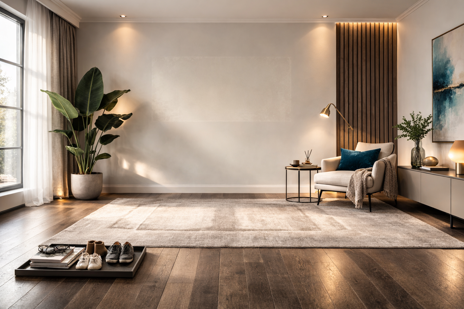 Minimalist living room with faint wall shadow and subtle rug compression marks showing where furniture once stood.