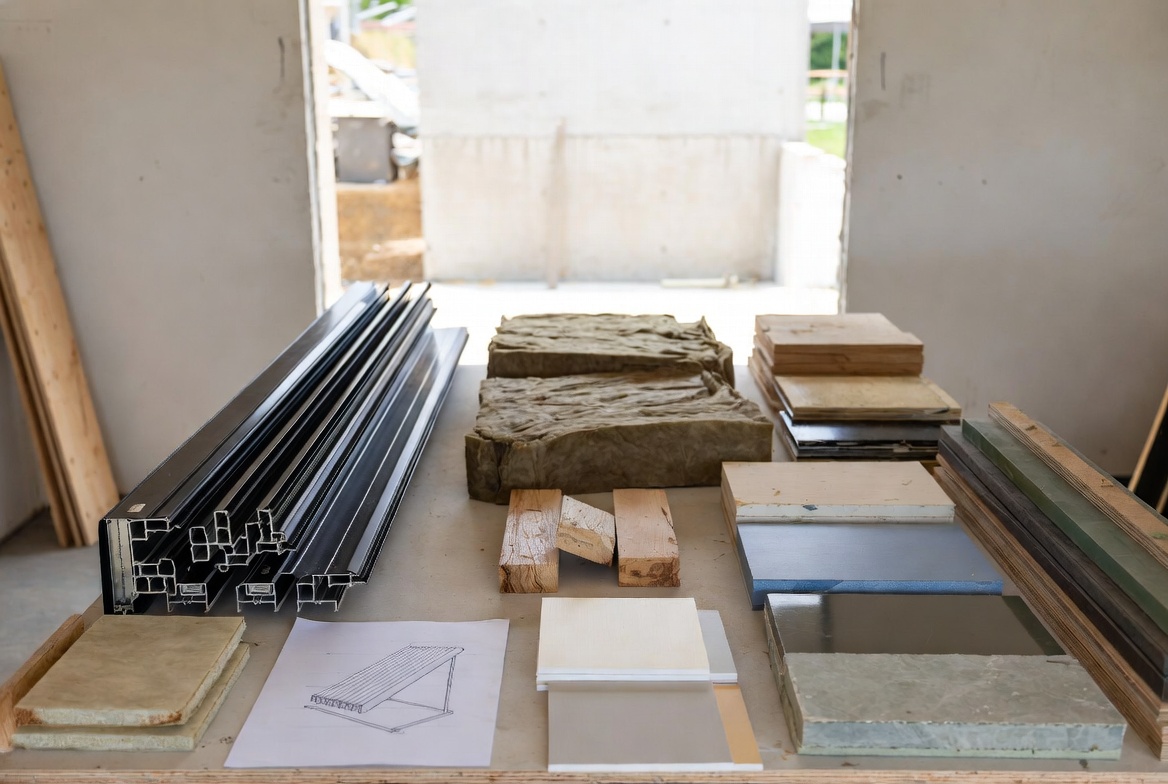 Sustainable house materials samples on builder’s worktable: cork insulation, lime plaster and reclaimed brick.