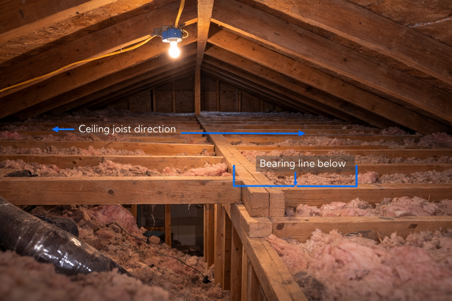 Older attic showing ceiling joists lapping over a bearing wall line below.