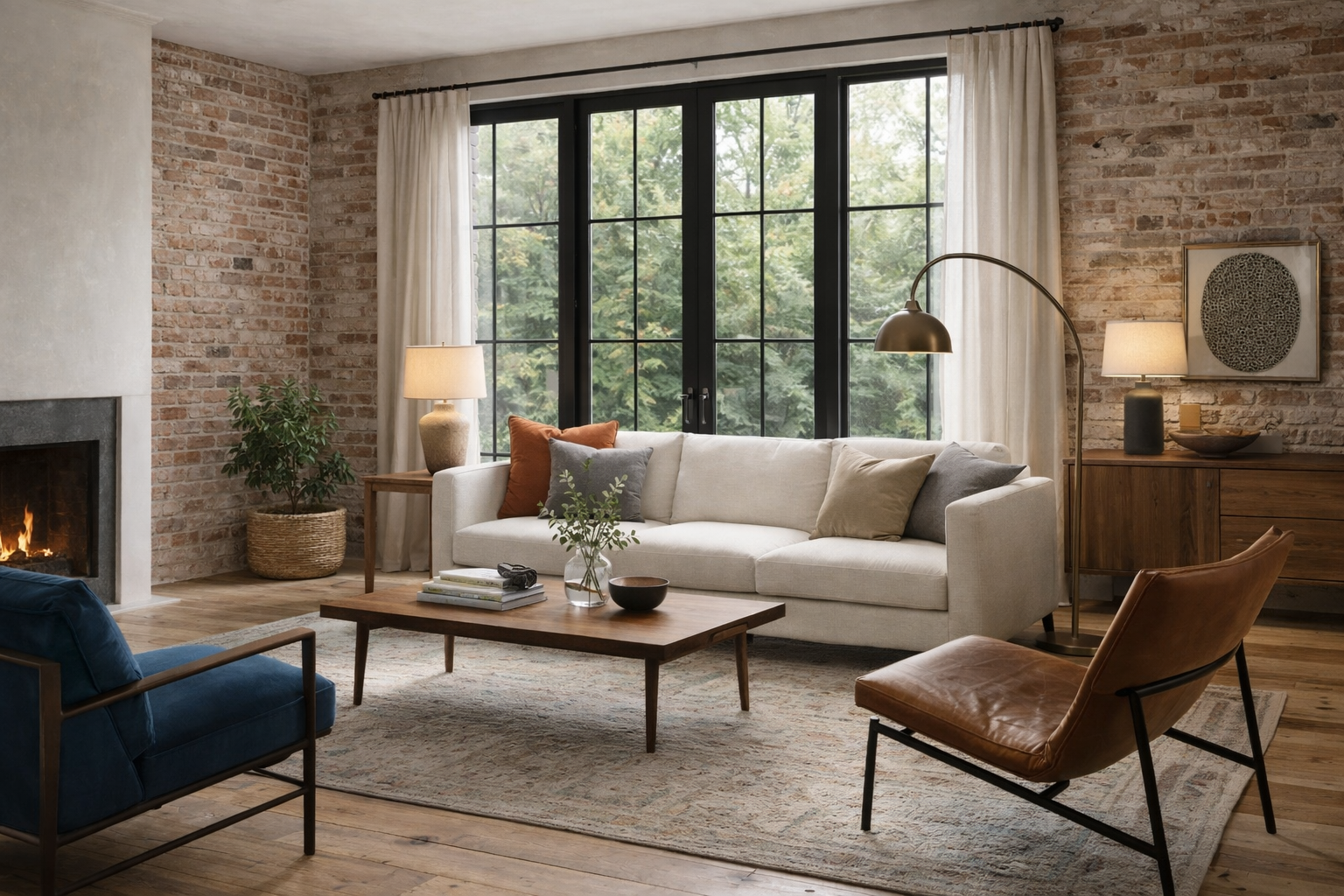 Open-concept living room with exposed brick walls project.
