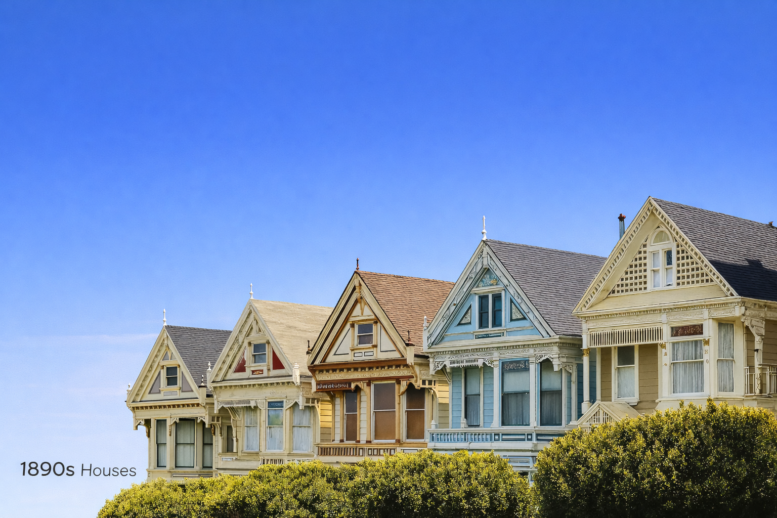 1890s Victorian painted ladies houses in a row under clear blue sky, detailed gables and trim.