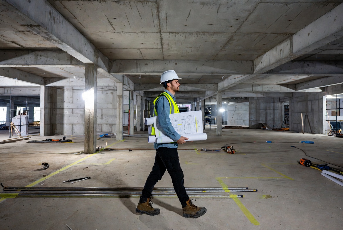 Pre-construction manager conducting site walk in unfinished building shell with plans and marked-up drawings.