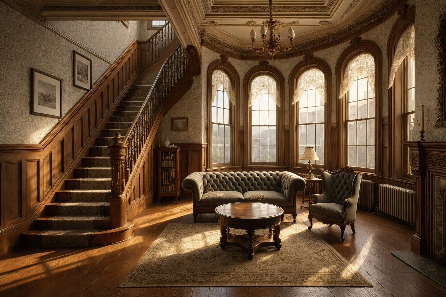 Queen Anne style living room with carved staircase, bay windows, ornate trim, and wood floors.