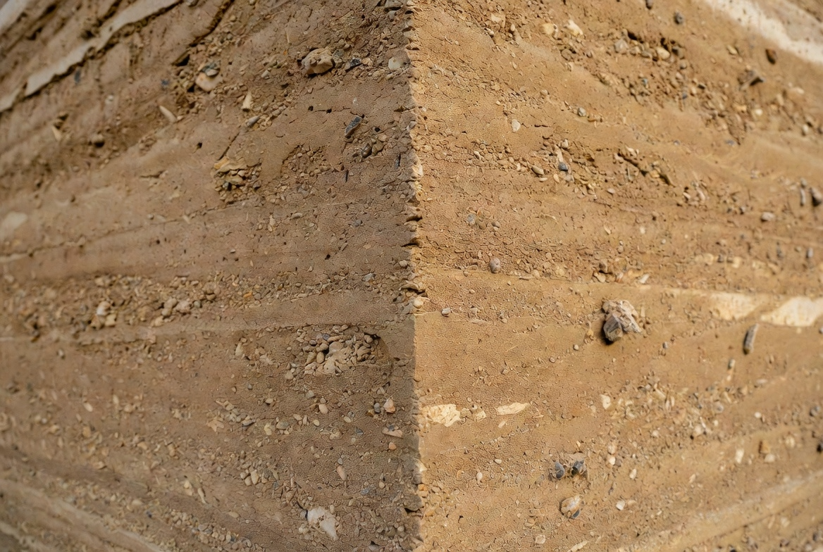 Close-up of a rammed earth wall corner showing compacted layers and exposed aggregate.