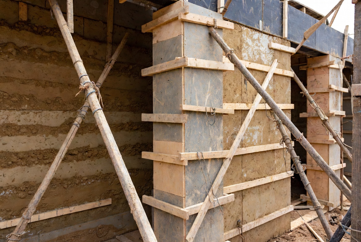 Rammed earth wall construction with formwork, bracing, and thick compacted wall layers.