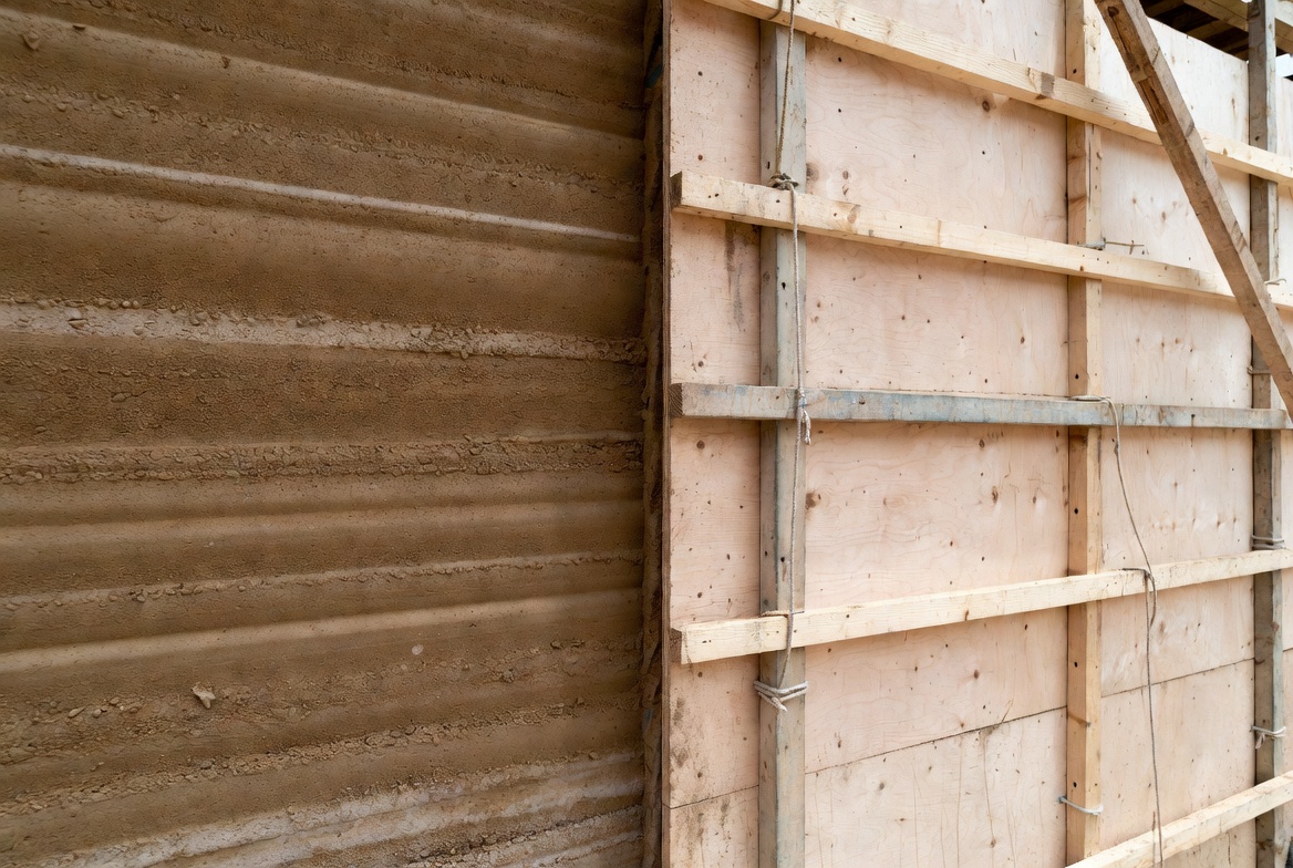 Rammed earth wall beside plywood formwork showing lift lines and temporary bracing.