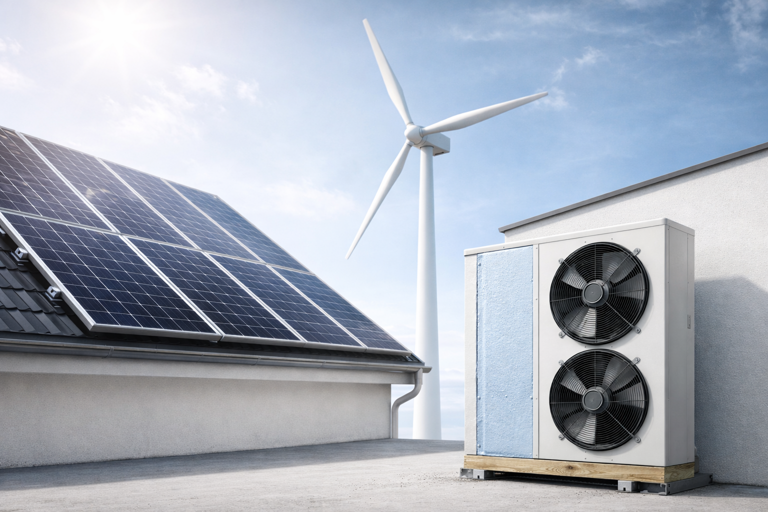 Building renewable energy setup showing solar panels, heat pump, and wind turbine.
