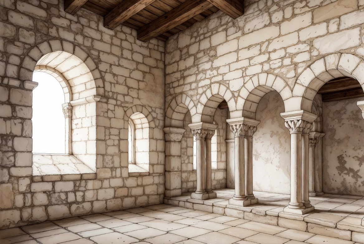 Secular Romanesque interior architectural sketch with rounded arches, thick stone walls and timber beams.
