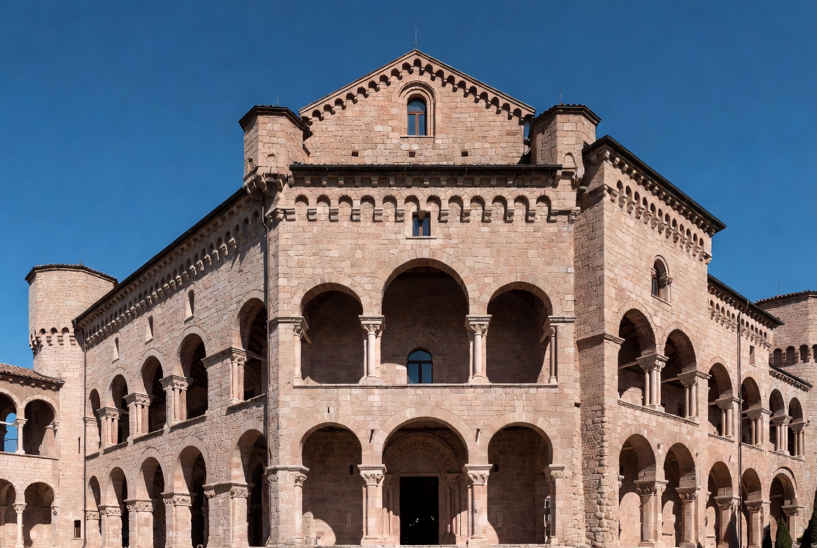 Hyper-realistic photorealistic exterior of a grand secular Romanesque-style palace designed as a noble residence house. Massive thick stone masonry walls, heavy rounded arches, deep recessed windows, arcaded loggias with thick piers, carved capitals, symmetrical facade and corner turrets. Classic Romanesque architecture features emphasizing weight, solidity and monumental scale.
