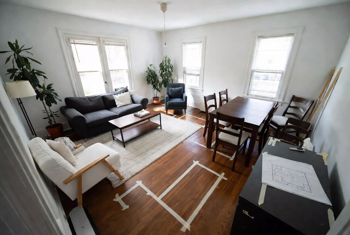 Space planning in progress: painter’s tape, floor-plan sketch, and furniture testing in a typical home.