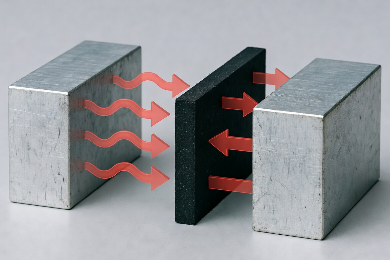 Rubber acting as thermal insulator between two metal blocks, heat flow completely blocked.