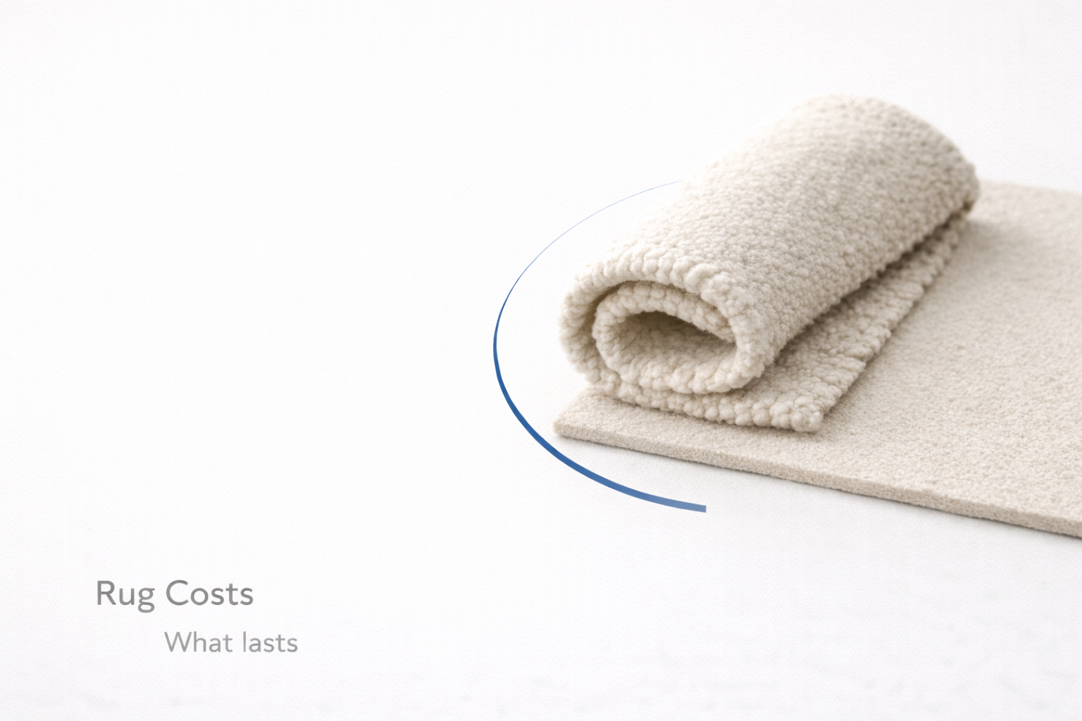 Rug cost and durability diagram showing wool rug roll on pad with blue accent arc.