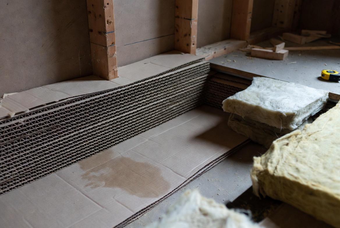 Safer cardboard insulation setup in an unfinished wall mockup.